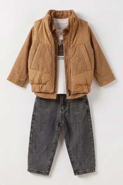 Kahve (1-5 Yaş)Şişme Yelekli Fitilli Bodyli Erkek Çocuk 4'lü Takım 501560