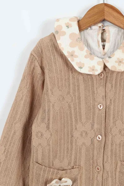 Kahve (1-9 Yaş)Çiçekli Müslin Gömlekli Örgü Hırkalı ve Pantolonlu   Kız Çocuk 3'lü Takım 413508