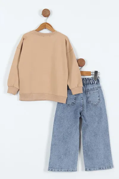 Kahve (1-9 Yaş)Nakışlı Kot Pantolonlu 2 İp Kız Çocuk Takım 413483