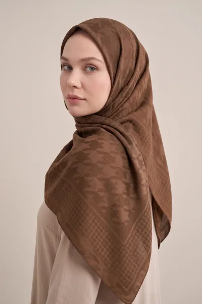 Kahve 100x100 Cm Kaz Ayağı İpeksi Premium Pano Jakar Eşarp 494371
