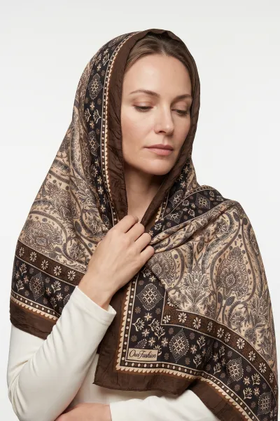 Kahve 180x70 Cm Our Fashion Dijital Baskılı Desenli Bambu Kraş Şal 488543