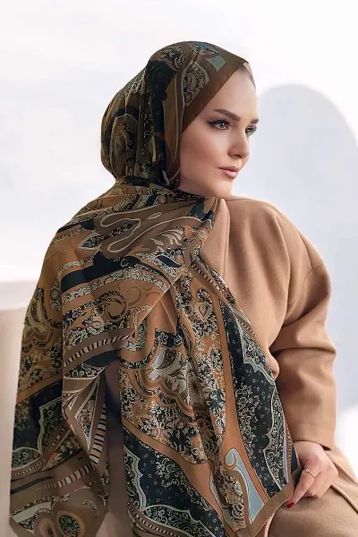 Kahve 180x70 Etnik Desen Dijital Baskılı Pamuk Şal 330542