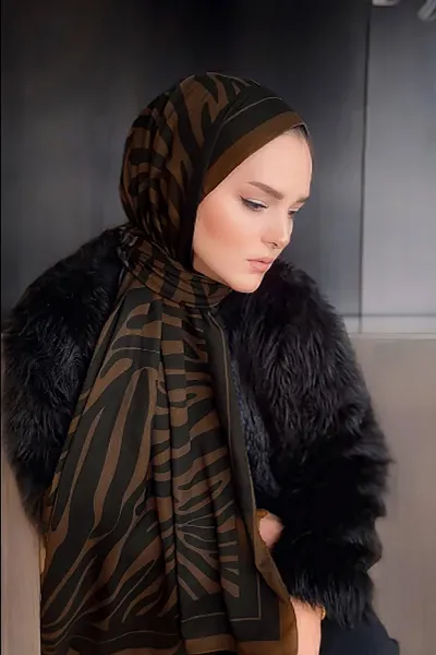 Kahve  180x70 Zebra Desen Dijital Baskılı Pamuk Şal 323061