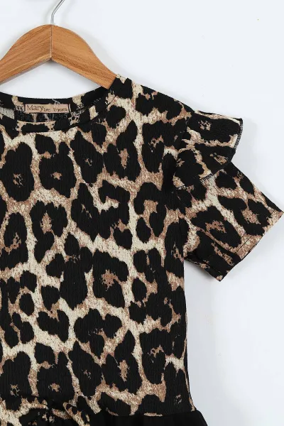 Kahve (2-10 Yaş) Kol Fırfırlı Leopar Desen Fiyonklu Bürümcük Kız Çocuk Elbise 342804