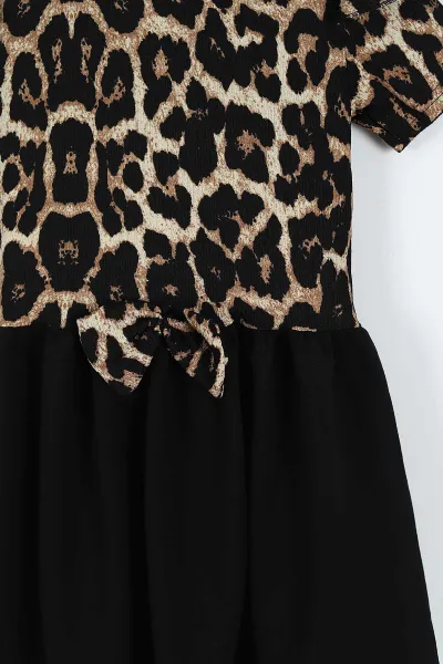 Kahve (2-10 Yaş) Kol Fırfırlı Leopar Desen Fiyonklu Bürümcük Kız Çocuk Elbise 342804