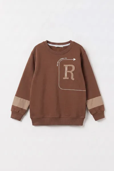 Kahve (2-12 Yaş) R Nakışlı  İçi Şardonlu Erkek  Çocuk Sweatshirt 483305