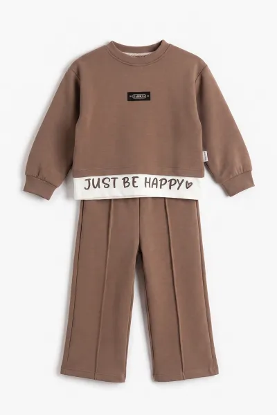 Kahve (2-5 Yaş) Armalı Just Be Happy Baskılı Oysho Kumaş Kız Çocuk Takım 471248