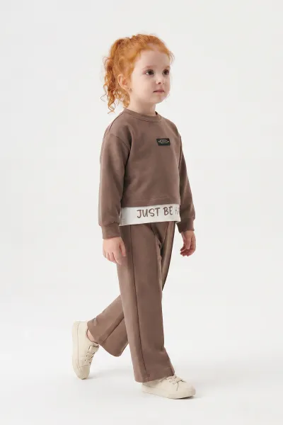Kahve (2-5 Yaş) Armalı Just Be Happy Baskılı Oysho Kumaş Kız Çocuk Takım 471248