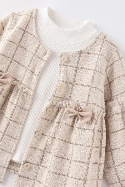 Kahve (2-6 Yaş) Fiyonklu Hırkalı ve  Gabardin Pantolonlu Kız Çocuk 3'lü Takım 483679