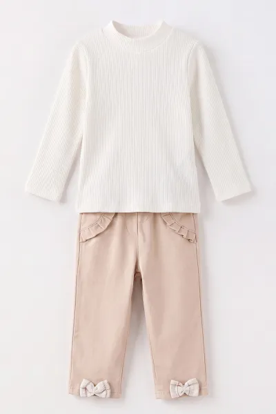 Kahve (2-6 Yaş) Fiyonklu Hırkalı ve  Gabardin Pantolonlu Kız Çocuk 3'lü Takım 483679