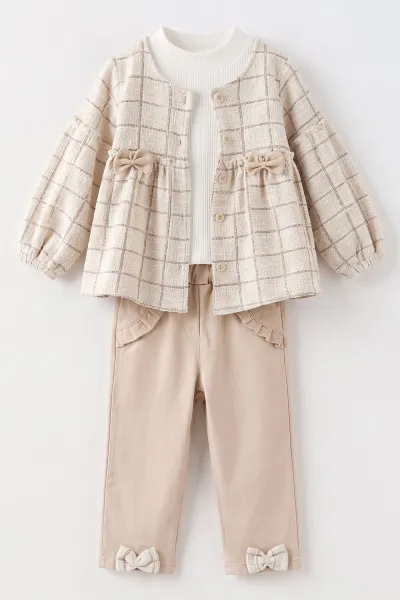 Kahve (2-6 Yaş) Fiyonklu Hırkalı ve  Gabardin Pantolonlu Kız Çocuk 3'lü Takım 483679