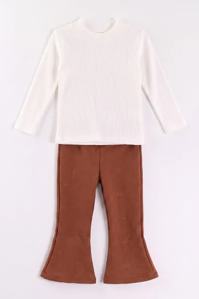 Kahve (2-6 Yaş) Kadife Pantolon ve Peluş Yelekli Kız Çocuk 3'lü Takım 483686