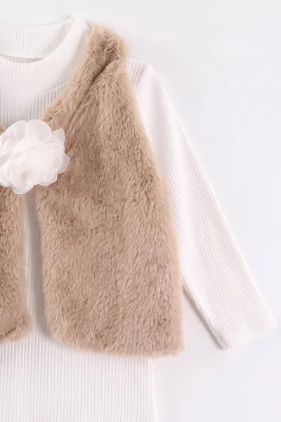 Kahve (2-6 Yaş) Kadife Pantolon ve Peluş Yelekli Kız Çocuk 3'lü Takım 483686