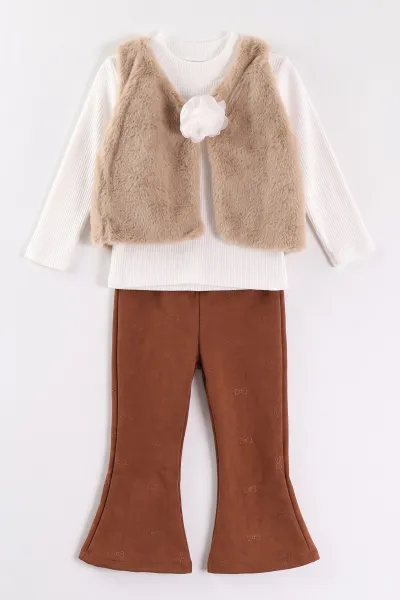 Kahve (2-6 Yaş) Kadife Pantolon ve Peluş Yelekli Kız Çocuk 3'lü Takım 483686