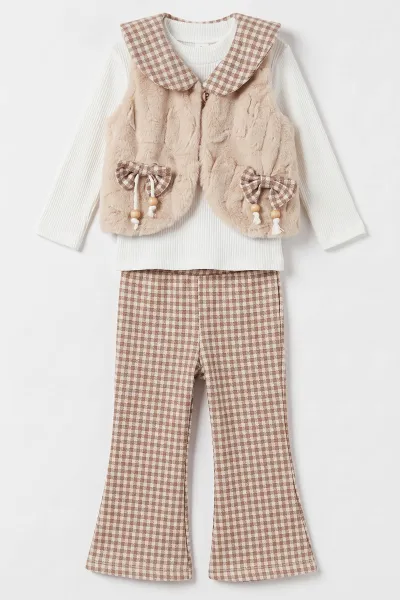 Kahve (2-6 Yaş) Kareli Pantolonlu Peluş Yelekli Kız Çocuk 3'lü Takım 491150
