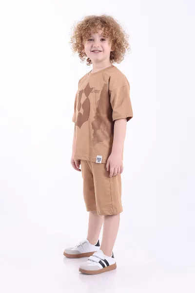 Kahve (2-6 Yaş) Ön Baskılı Cepli Şortlu Erkek Çocuk Yazlık Takım 449290