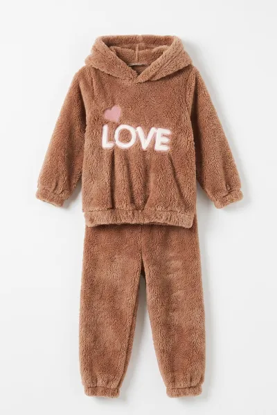 Kahve (2-7 Yaş) Love Nakışlı Kapüşonlu Peluş Kız Çocuk Kışlık Takım 483208