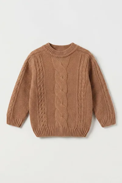 Kahve (2-8 Yaş)  Dikişsiz Saç Örgü Erkek Çocuk  Triko Kazak 474906