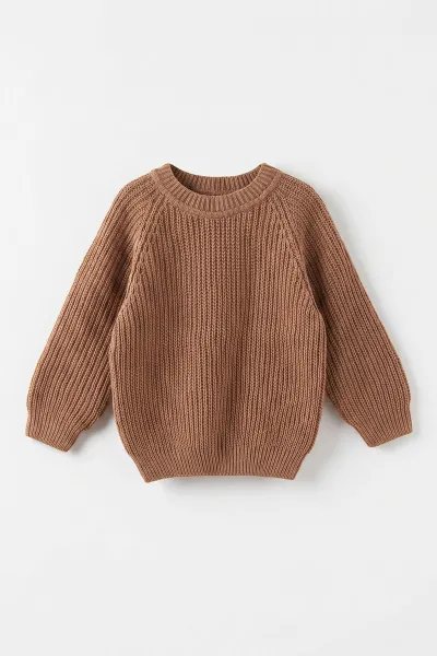 Kahve (2-8 Yaş) Dikişsiz Selanik Örgülü Unisex Çocuk Kazak 474926