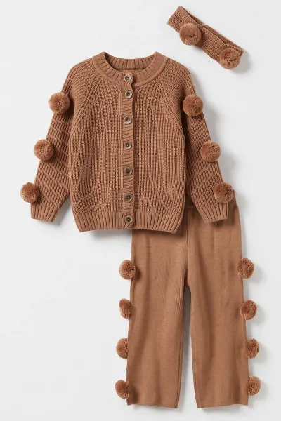 Kahve (2-8 Yaş) Ponponlu Pantolonlu  Bandanalı Triko Kız Çocuk Takım 488530
