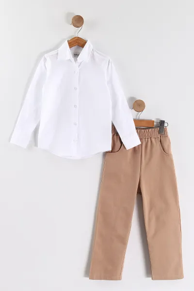 Kahve (3-10  Yaş) Gömlekli Ayıcık Nakışlı Süveterli Gabardin Pantolonlu  Kız Çocuk 3'lü Takım 443357