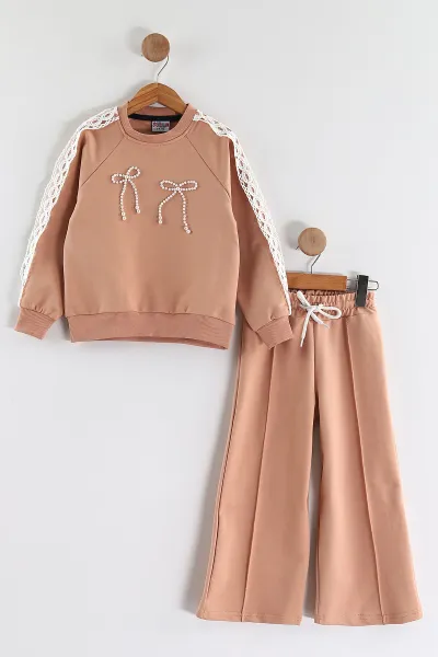 Kahve (3-10 Yaş)İncili Nakışlı  Çimalı Bol Paça İki İp Kız Çocuk Takım 439759