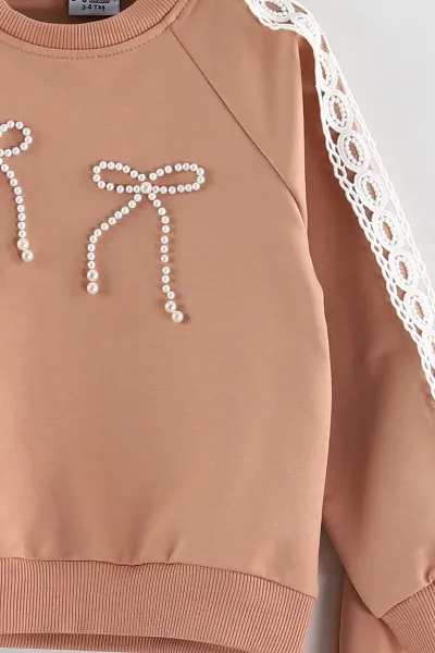 Kahve (3-10 Yaş)İncili Nakışlı  Çimalı Bol Paça İki İp Kız Çocuk Takım 439759