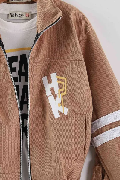 Kahve (3-10 Yaş)Şeritli Fermuarlı Ceketli Gabardin Erkek Çocuk 3'lü  Takım 443383