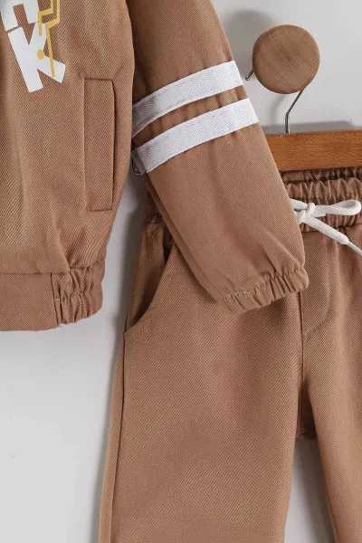 Kahve (3-10 Yaş)Şeritli Fermuarlı Ceketli Gabardin Erkek Çocuk 3'lü  Takım 443383