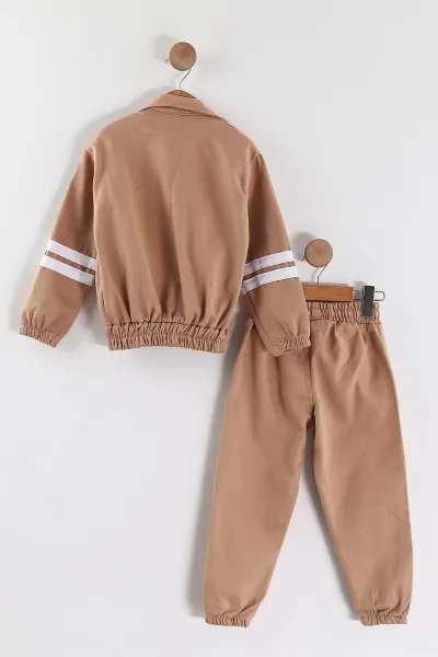 Kahve (3-10 Yaş)Şeritli Fermuarlı Ceketli Gabardin Erkek Çocuk 3'lü  Takım 443383