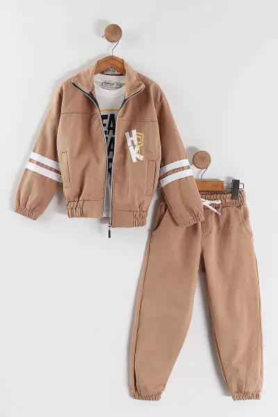 Kahve (3-10 Yaş)Şeritli Fermuarlı Ceketli Gabardin Erkek Çocuk 3'lü  Takım 443383