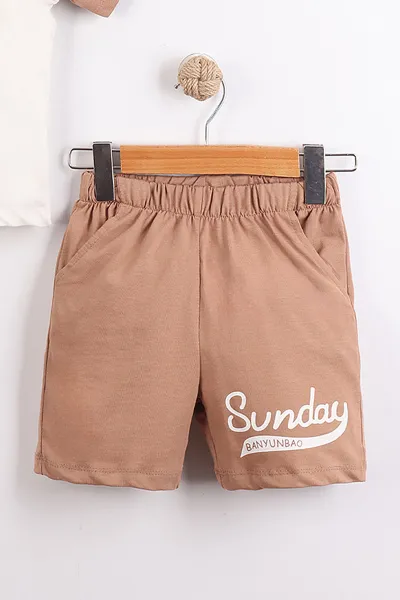 Kahve (3-10 Yaş)Sunday Baskılı Yakalı Düğmeli Garnili Erkek Çocuk Takım 460722