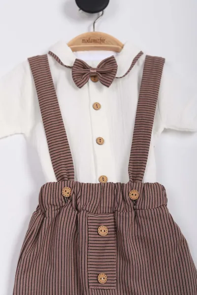 Kahve (3-12 Ay) Çizgili Papyonlu Erkek Bebek Salopet Takım 255329