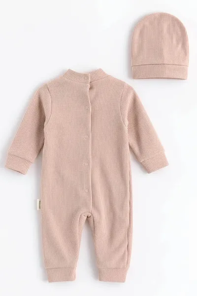 Kahve (3-18 Ay) Ayıcık Nakışlı Waffle Kumaş Şapkalı Erkek Bebek Tulum 487127