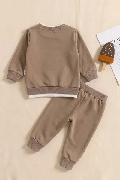 Kahve (3-18 Ay)Baskılı Garni Detay Çimalı İki İp Erkek Bebek Takım 472921