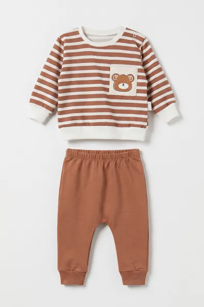Kahve (3-24 Ay)  Çizgili Cep Detaylı 2 İp Erkek Bebek Takım 472960