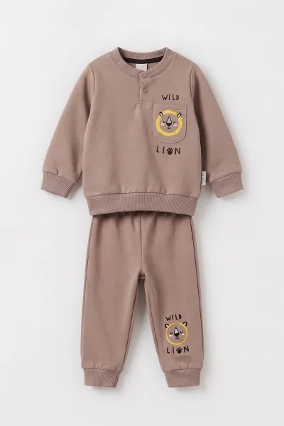 Kahve (3-24 Ay)  Lion Nakışlı Cep Detaylı  3 İp Şardonlu Erkek Bebek Kışlık Takım 495603