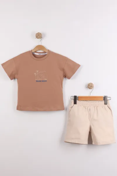 Kahve (3-6 Yaş)Nakışlı Gabardin  Şortlu Erkek Çocuk Takım 459496