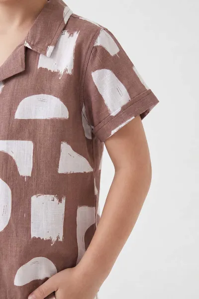 Kahve (3-9 Yaş)Desenli Keten Gömlekli Gabardin Şortlu Erkek Çocuk Yazlık Takım 465962
