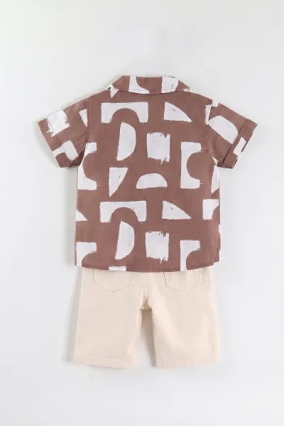 Kahve (3-9 Yaş)Desenli Keten Gömlekli Gabardin Şortlu Erkek Çocuk Yazlık Takım 465962