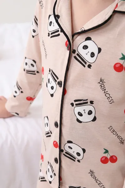 Kahve (4-12 Yaş) Desenli   Uzun Kol  Ön Düğmeli Göz Bandı Detaylı Kız Çocuk Pijama Takım 473644