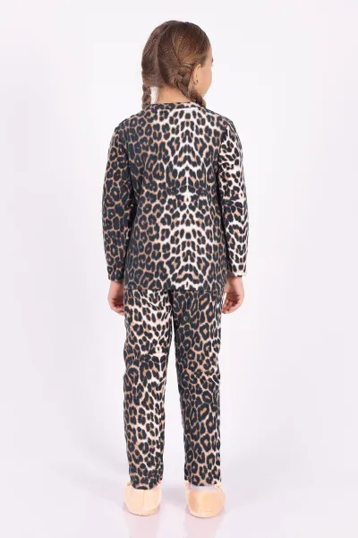 Kahve (4-12 Yaş) Leopar Desenli Polar Kumaş Kız Çocuk Pijama Takımı 327463