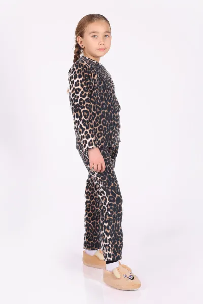 Kahve (4-12 Yaş) Leopar Desenli Polar Kumaş Kız Çocuk Pijama Takımı 327463