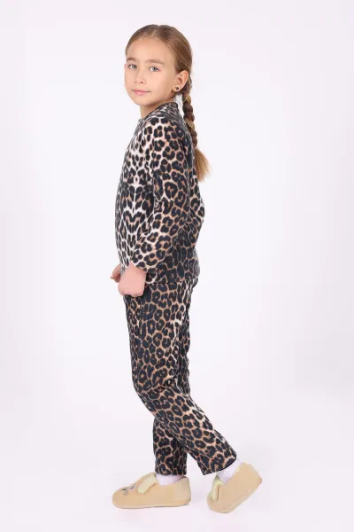 Kahve (4-12 Yaş) Leopar Desenli Polar Kumaş Kız Çocuk Pijama Takımı 327463