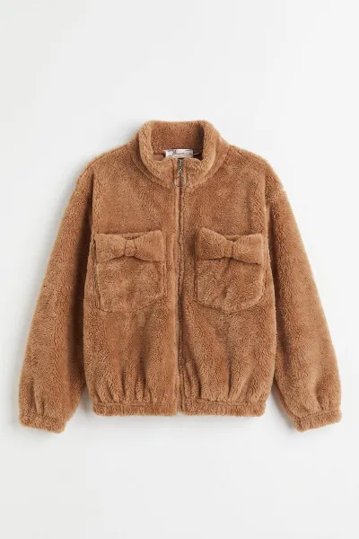 Kahve (5-11 Yaş) Cepli Peluş Kız Çocuk Hırka 498157