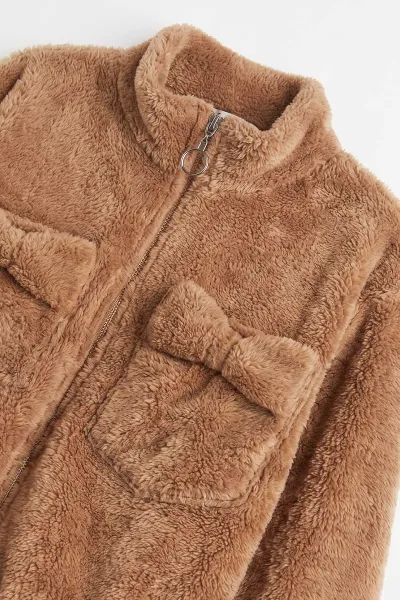 Kahve (5-11 Yaş) Cepli Peluş Kız Çocuk Hırka 498157