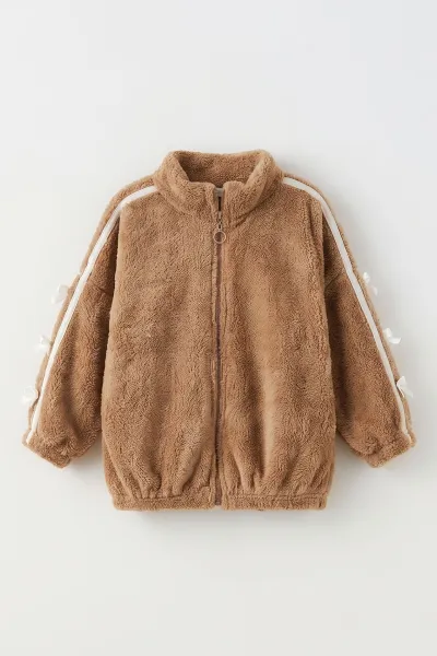 Kahve (5-11 Yaş) Kolları Biyeli Fiyonk Detaylı Peluş Kız Çocuk Hırka 497871