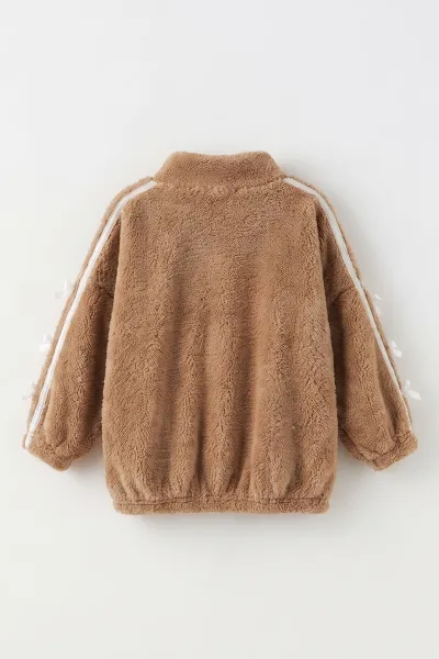 Kahve (5-11 Yaş) Kolları Biyeli Fiyonk Detaylı Peluş Kız Çocuk Hırka 497871