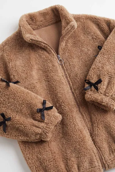 Kahve (5-11 Yaş)Kolları Fiyonklu Peluş Kız Çocuk Hırka 498268