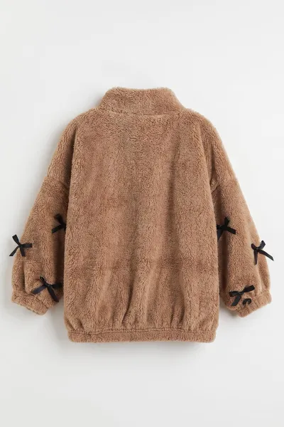Kahve (5-11 Yaş)Kolları Fiyonklu Peluş Kız Çocuk Hırka 498268
